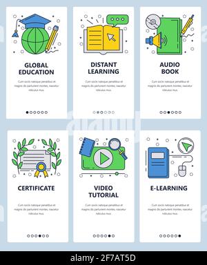 Vector web site linear art onboarding screens template. Online education and e-learning. Video tutorials and courses. Menu banners for website and Stock Vector