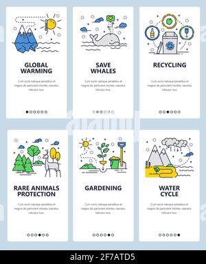 Vector web site linear art onboarding screens template. Global warking, save wild animals, waste pollution and ecology problems. Menu banners for Stock Vector