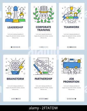 Vector web site linear art onboarding screens template. Business partnership, corporate training and teamwork. Leadership and brainstorm. Menu banners Stock Vector