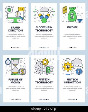 Vector web site linear art onboarding screens template. Fintech innovations and blockchain technologies. Finance fraud detection and future of the Stock Vector