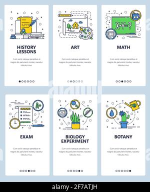 Vector web site linear art onboarding screens template. School education subjects. History, art, math, biology tests and lessons. Menu banners for Stock Vector