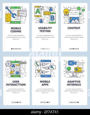Vector web site linear art onboarding screens template. Mobile apps development and testing. User interaction, usability and adaptive interface. Menu Stock Vector