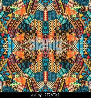 Colored ethnic patchwork mosaic with african motifs Stock Vector