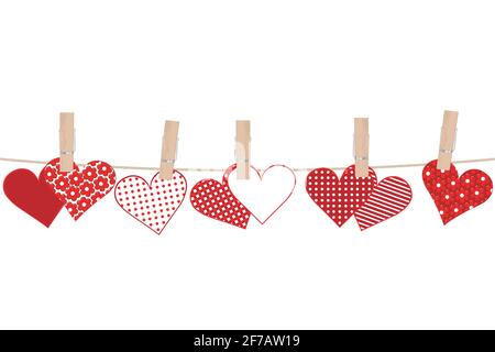 Valentines day concept with hearts and clothes pegs on rope Stock Vector