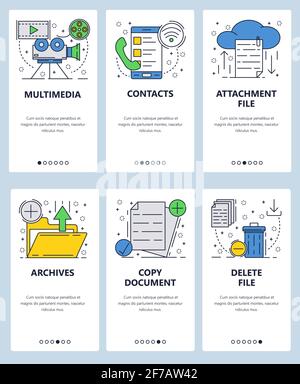 Vector web site linear art onboarding screens template. Computer and email services, attachement, archive, copy and delete files. Menu banners for Stock Vector