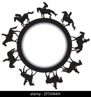 Circular frame with silhouettes of horse riders Stock Vector