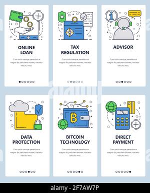 Vector web site linear art onboarding screens template. Financial services and online digital money, bitcoin, loan, accounting advisor. Menu banners Stock Vector