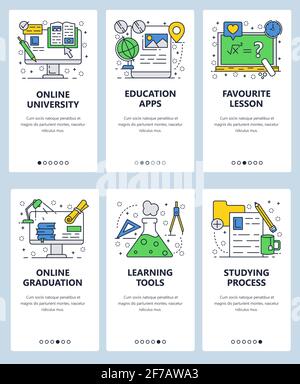 Vector web site linear art onboarding screens template. Education on internet and online courses. Mobile apps and learning tools. Menu banners for Stock Vector