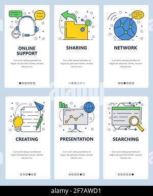 Vector web site linear art onboarding screens template. Internet services, data sharing, searching and creating presentations. Menu banners for Stock Vector