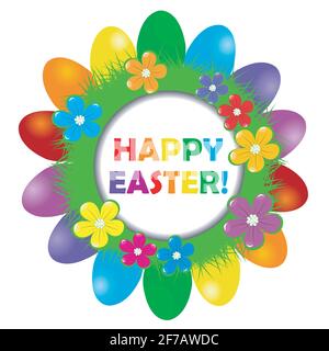 Easter frame with rainbow colored eggs, grass and flowers Stock Vector