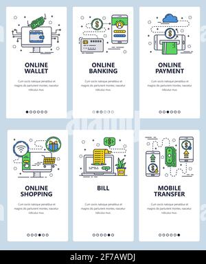 Vector web site linear art onboarding screens template. Finance and banking online services. Mobile payments and money transfer. Menu banners for Stock Vector