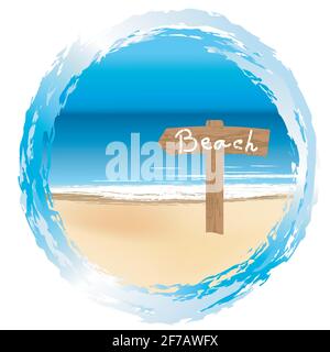 Round frame with wooden sign on the beach Stock Vector
