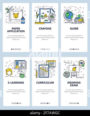 Vector web site linear art onboarding screens template. Art school and online education. Menu banners for website and mobile app development. Modern Stock Vector