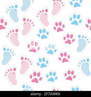 Seamless background with baby footprint and animal paws Stock Vector