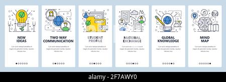 Vector web site linear art onboarding screens template. New eco ideas, people communication, profile folder, documents exchange and knowledge mind map Stock Vector