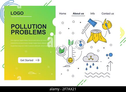 Vector web site linear art design template. Pollution problems, deforestation, radioactive rain. Landing page concepts for website and mobile Stock Vector
