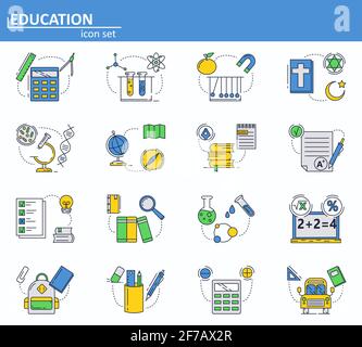 Vector set of School education icons in thin line style. Physics, chemistry, biology and other subjects. Website UI and mobile web app icon. Outline Stock Vector