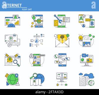 Vector set of Internet online services icons in thin line style. Cyber security, email and social media network. Website UI and mobile web app icon Stock Vector
