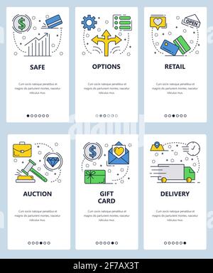 Vector web site linear art onboarding screens template. Financial chart, auction and gift card delivery. Menu banners for website and mobile app Stock Vector
