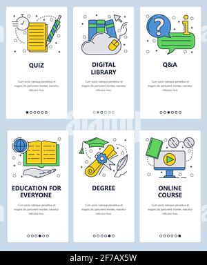 Vector web site linear art onboarding screens template. Online education and tutorials. Get degree certificate on internet. Menu banners for website Stock Vector