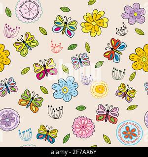 Seamless pattern with colored doodle flowers and butterflies Stock Vector