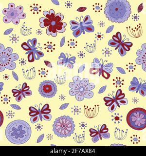 Floral seamless pattern with red and purple flowers and butterflies on yellow background Stock Vector