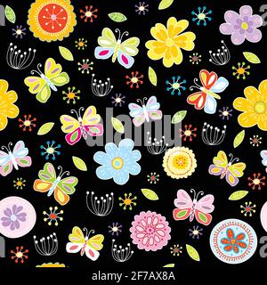 Floral pattern with butterflies on black background Stock Vector