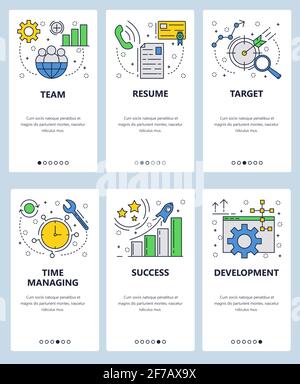 Vector web site linear art onboarding screens template. Time management, CV letter, business target and success. Menu banners for website and mobile Stock Vector