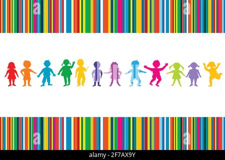 Cartoon colored children on stripped background Stock Vector