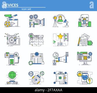 Vector set of computer hardware devces and movie production icons in thin line style. Website UI and mobile web app icon. Outline design illustration. Stock Vector