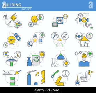 Vector set of construction and building materials icons in thin line style. House utilities, water, gas, electricity. Website UI and mobile web app Stock Vector