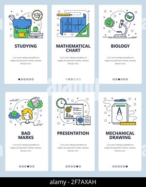 Vector web site linear art onboarding screens template. School education, presentation, math chart, school bag, drawing and test results. Menu banners Stock Vector