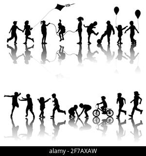 Two sets of black children silhouettes playing Stock Vector