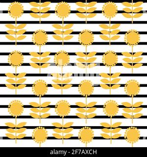 Vintage pattern with stylized sunflowers on striped background Stock Vector