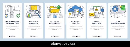 Vector web site linear art onboarding screens template. Online cloud services, touchscreen and syncing technologies and big data analysis. Menu Stock Vector