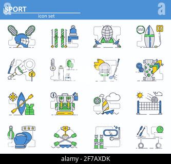 Vector set of sport icons in thin line style. Volleyball, lacrosse, skiing, fencing, golf, backpack. Website UI and mobile web app icon. Outline Stock Vector