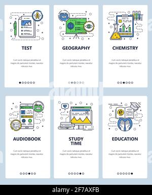 Vector web site linear art onboarding screens template. School education, geography, chemistry. Exam score. Audio book. Menu banners for website and Stock Vector