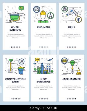 Vector web site linear art onboarding screens template. Building counstuction industry. Hardware tools, drill, jackhammer, wheel barrow. Menu banners Stock Vector