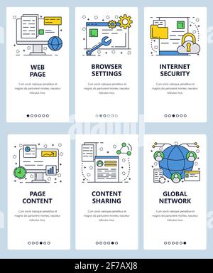Vector web site linear art onboarding screens template. Web page content, browser setting and internet security. Menu banners for website and mobile Stock Vector
