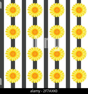 Seamless pattern with yellow flowers and black stripes on white background Stock Vector