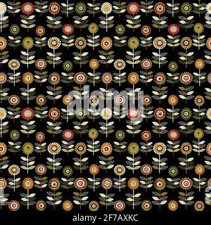 Dotted doodle flowers arranged in rows on black background Stock Vector