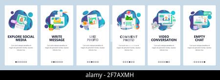 Web site onboarding screens. Social media services, online chat and dating profiles. Menu vector banner template for website and mobile app Stock Vector