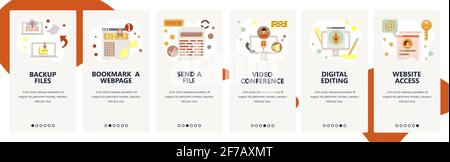 Web site onboarding screens. Internet and computer services, data backup, video call and website access. Menu vector banner template for website and Stock Vector