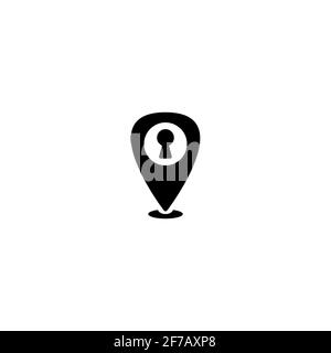 keyhole and location icon. GPS pointer. Map pin. Navigation marker and key. Vector simple button. Pictogram isolated on white. Stock Vector