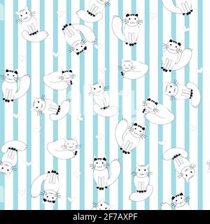 Cartoon cats on blue stripes background Stock Vector