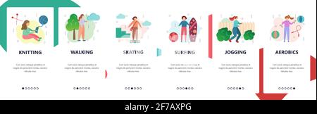 Web site onboarding screens. Sport, hobby and leisure activities. Menu vector banner template for website and mobile app development. Modern design Stock Vector