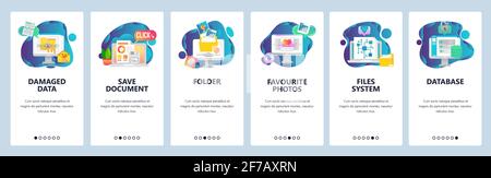 Web site onboarding screens. Computer files and data system. Menu vector banner template for website and mobile app development. Modern design flat Stock Vector