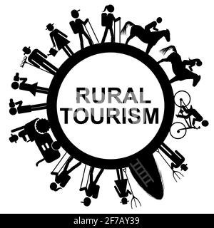 Rural tourism round frame with tourists Stock Vector