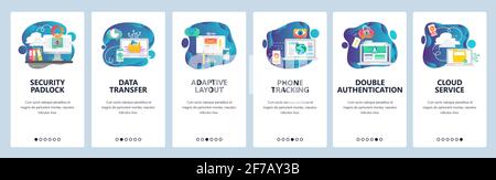 Web site onboarding screens. Computer security, cloud service and secure data sync. Menu vector banner template for website and mobile app development Stock Vector