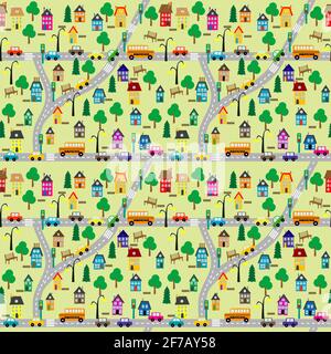 Seamless background of cartoon countryside scene Stock Vector